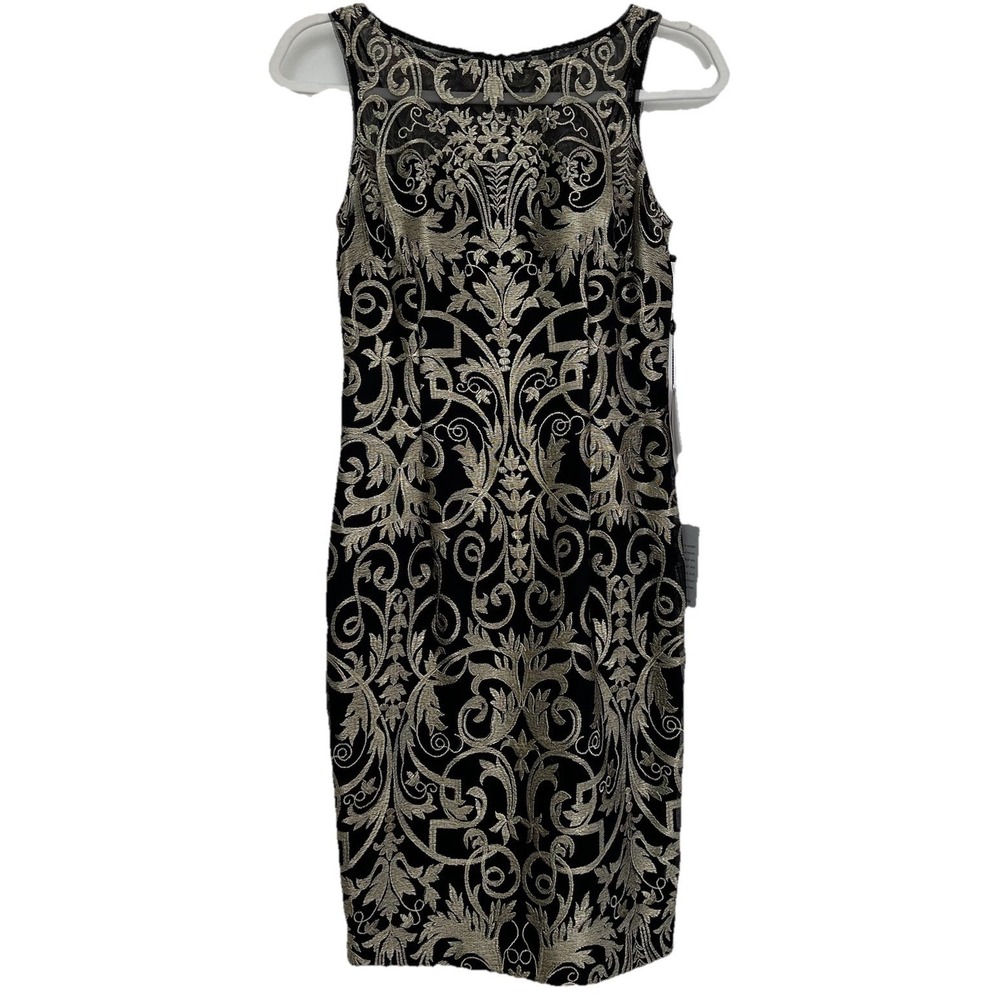 Adrianna Papell Dress 2P Black Gold Meta Lace Wedding Party Sheath NEW with tags